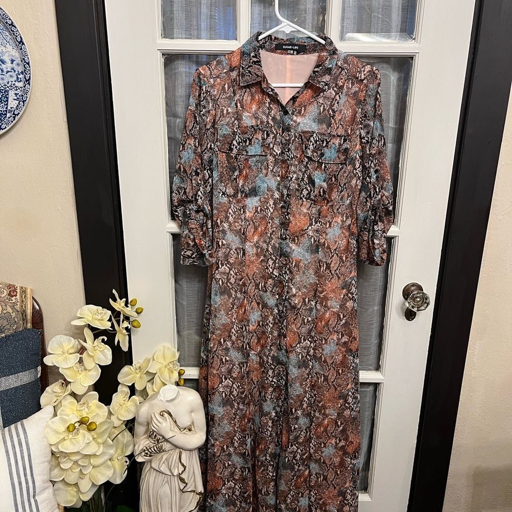 Sugarlips Long Sleeve Button Down Multicolor Snake Print Dress